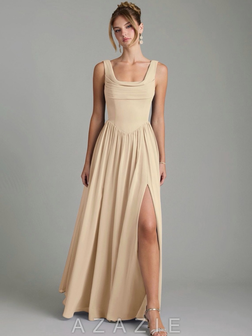 Azazie Novi A-Line Pleated Evening Chiffon Dress with Side Slit (champagne)